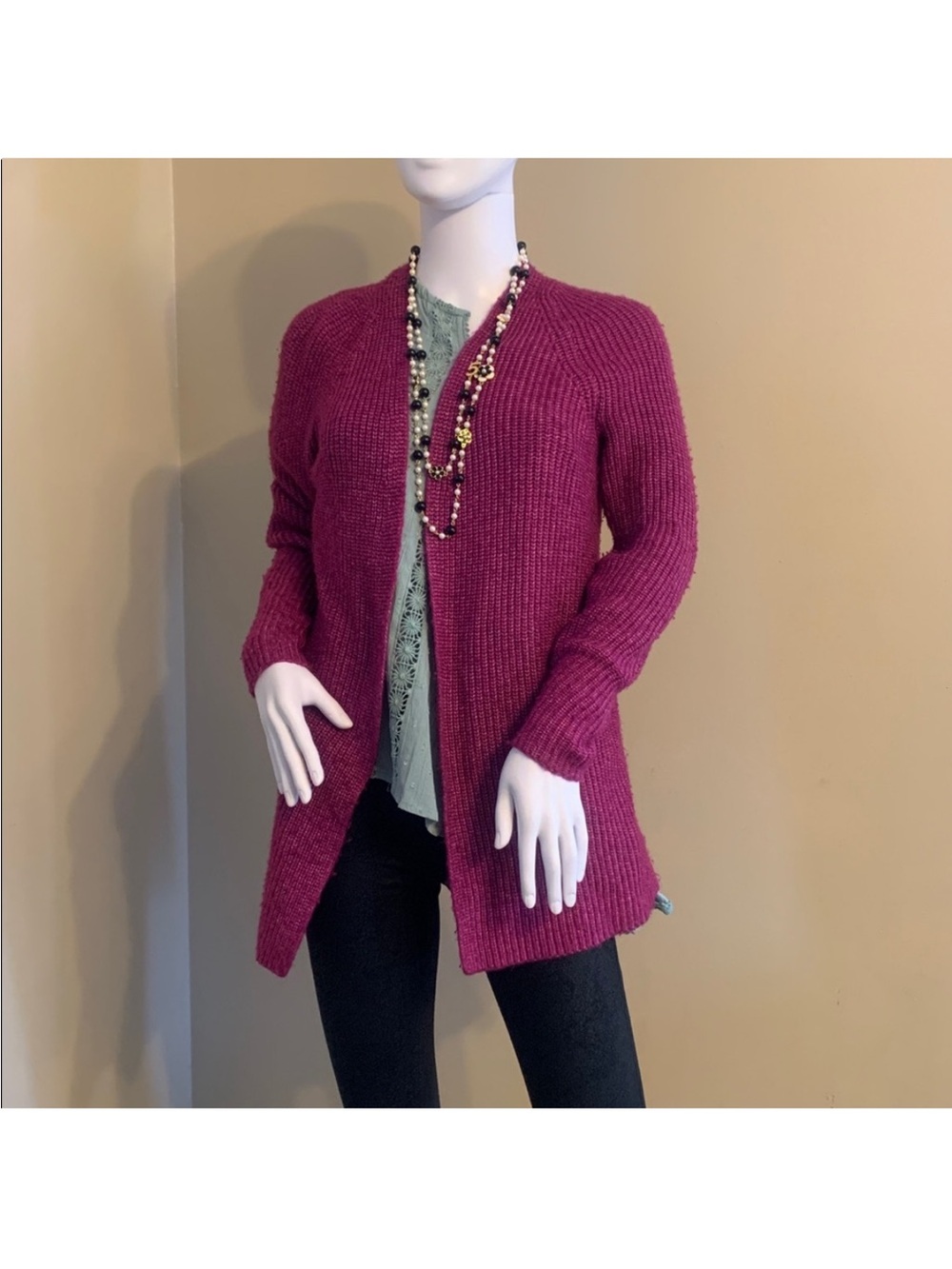 LOFT Raspberry Open-Front Ribbed Knit Cardigan - Picture 2 of 3